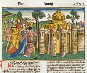 1 Rois 10 1-13 La reine de Saba visite Salomon, de la Bible de Nuremberg (Biblia Sacra Germanaica)
